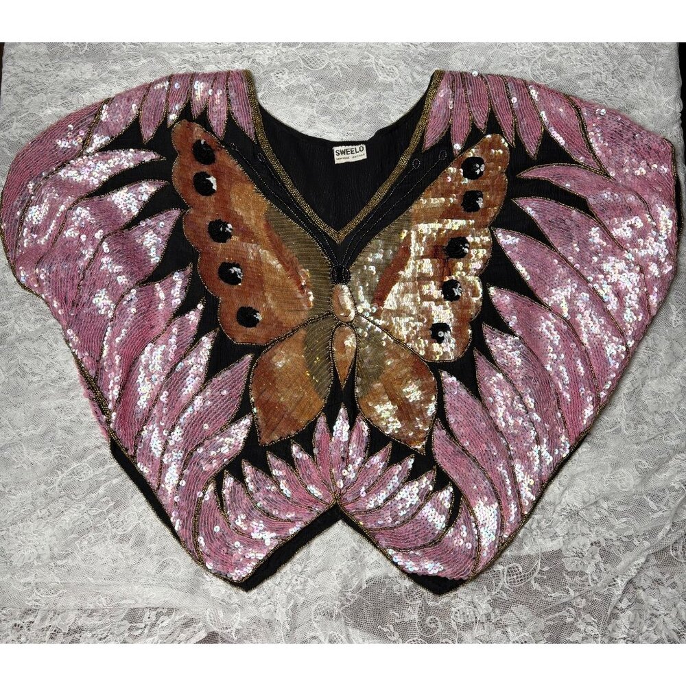 Vintage Swee Lo 70s Silk Beaded Sequin Dolman Sleeve Top (Butterfly Design)